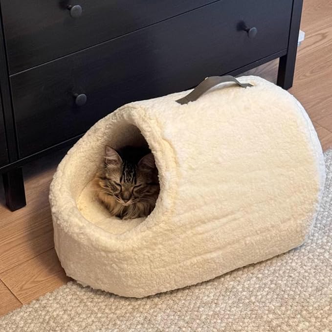 Cat Sherpa Cradle Cave, Plush Snuggle Winter Portable Warm Nest with Handle, Foldable Travel-Friendly Bed for Car and Home (Snow)