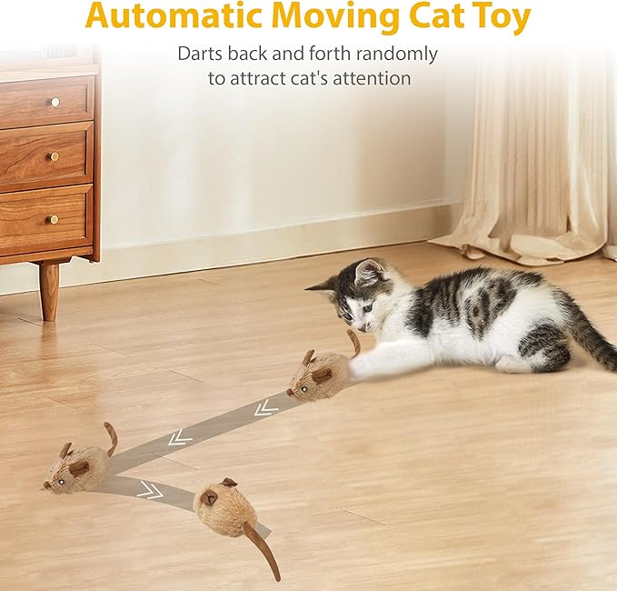 Gigwi Interactive Moving Cat Toy, Automatic Squeaky Cat Mouse Toy for Indoor Self Play, Upgraded 500mAh USB Rechargeable Electronic Pet Chase Toy with Furry Tail for Exercise
