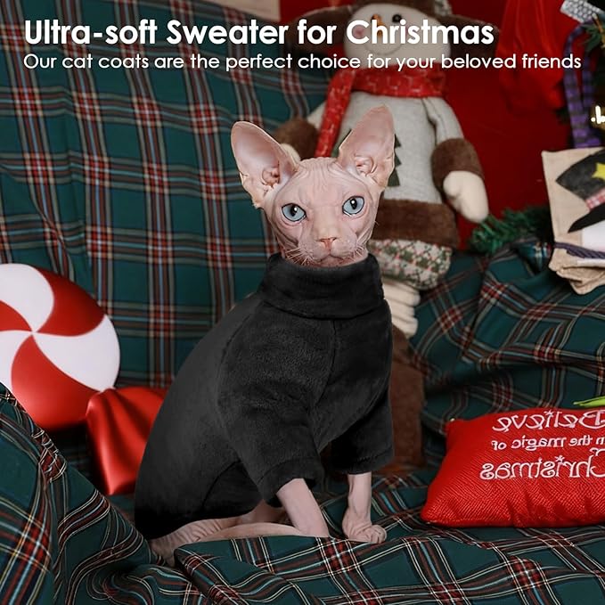 Turtleneck Sweater Coat for Cat, Sphynx Clothes Pajamas for Cats Only, Kitten Fleece Pullover Sweaters with Sleeves, Pet Warm Jumpsuit Sweatshirt for Cold Weather, Black S