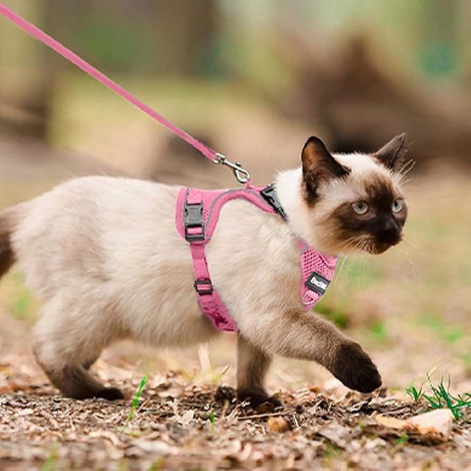 Cat Harness and Leash for Walking, The Upgrade Can be Adjusted in Four Directions and Breathable Cat Harness for Anti Escape that can be Fitted and Positioned, Reflective Strips Harness, Pink,S