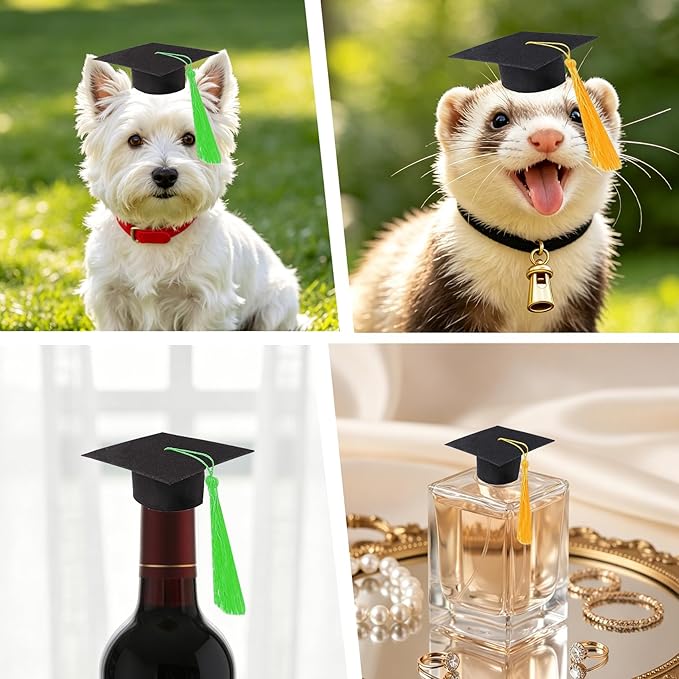 Mini Graduation Caps with Gold and Green Tassel, 2 Pack Black Mini Graduation Caps, Small Animal Bachelor Hats for Adjustable Pet Graduation Photo Props Cat Dog Holiday Costume Accessories
