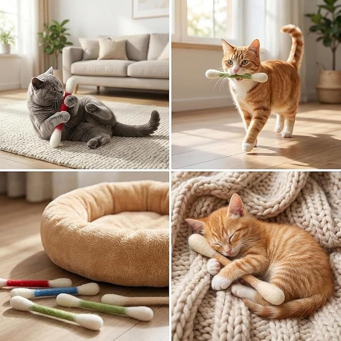 Cotton Swabs Cat Toys with Catnip, Giant Kitten Chew Sticks, Durable Dental Teething Ropes, Indoor Boredom & Dental Care, Pet Play Gift Accessories 6 Pack(Colorful)