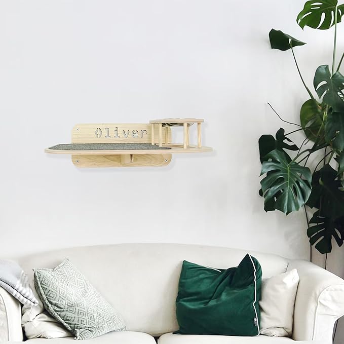 Personalized Cat Shelves, Wood Wall Mounted Furniture, Feeding Shelf with 2 Food Bowls, Large Perch Wooden Toy Bed for Playing Sleeping Scratching, Your Cat Gifts