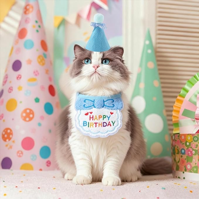 Cat Kitten Birthday Bandana Hat, 1Set Numbers Pet Birthday Decorations Outfits, Cute Cats Kittens Apparel Birthday Outfits, Blue Hat with Numbers Cat Bandana Pet Decorations 