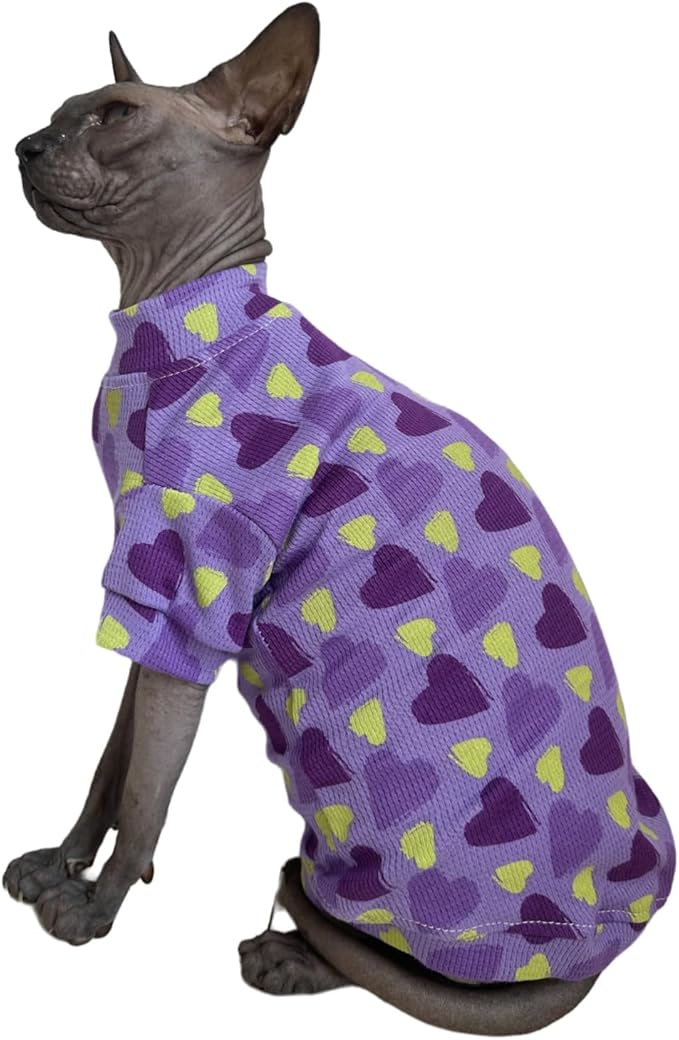 Limited Edition Sphynx Cat Cotton T-Shirts Hairless Cat Sweatshirt Pet Kitten Clothes Round Collar Kitten Shirts Vest Cats & Small Dogs Apparel (Purple Heart, M (5.5-6.6 lbs))