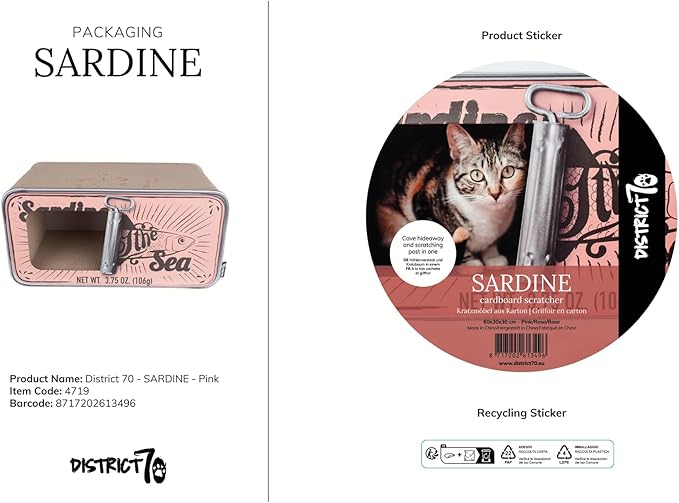 District 70 Sardine Cardboard Cat Scratcher, 60 x 30 x 30 cm, Pink