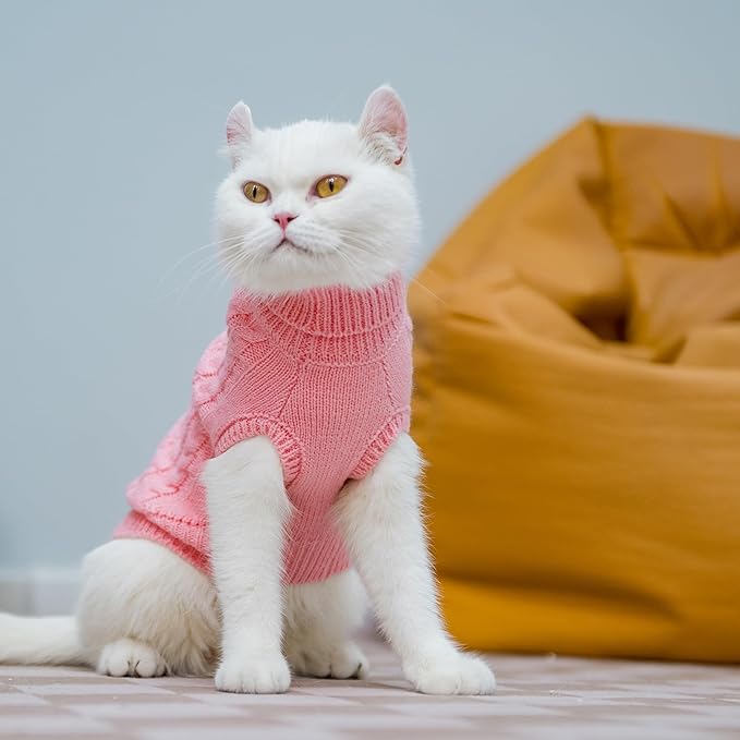 PUPTECK Winter Cat Sweater Coat - Soft Warm Cold Weather Clothes Knitwear for Kittens & Small Dogs Indoor Outdoor Wearing, Knitted Classic for Doggies Kitties Girls Boys, Pink, M