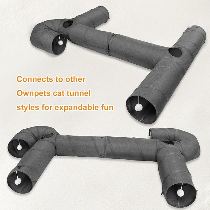 Ownpets Cat Tunnel Large 3 Way Collapsible Cloth Pet Tunnel Tube with Plush Ball & Feather Toy, U-Shaped Cat Play Tunnel for Indoor Cat, Puppy, Kitty, Kitten, Rabbit(Gray)