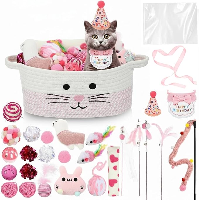 Zopeal Graduation Cat Toy Set Interactive Cat Toys Pack Including Feather Teaser Wand Plush Gift Outfit Mice Crinkle Balls and Pet Bell Balls, Puzzle for Indoor Cats Gift Basket for Kitten(Pink)