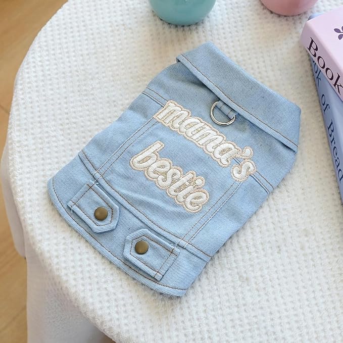 Light Blue Denim Dog Vest for Small Dogs & Cats, “Mama’s Bestie” Embroidered Jean Jacket with D-Ring, Soft Lightweight Pet Outfit for Walks, Parties & Daily Wear(XS)