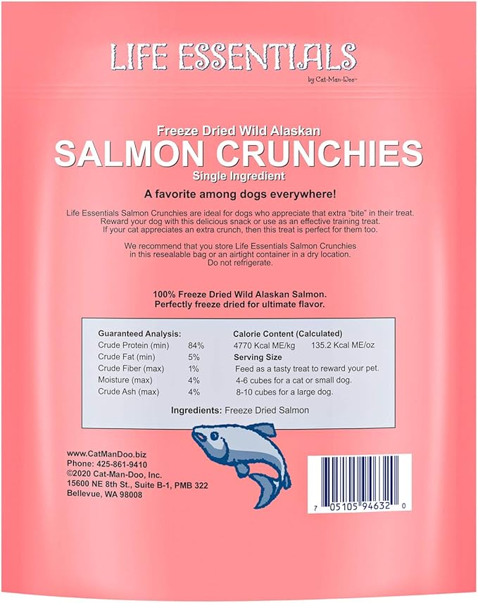 Life Essentials by Cat-Man-Doo | Salmon Crunchies - 5oz. Bag | Freeze Dried Salmon Cat & Dog Treats | Healthy, Single Ingredient, Training Treats, High Protein