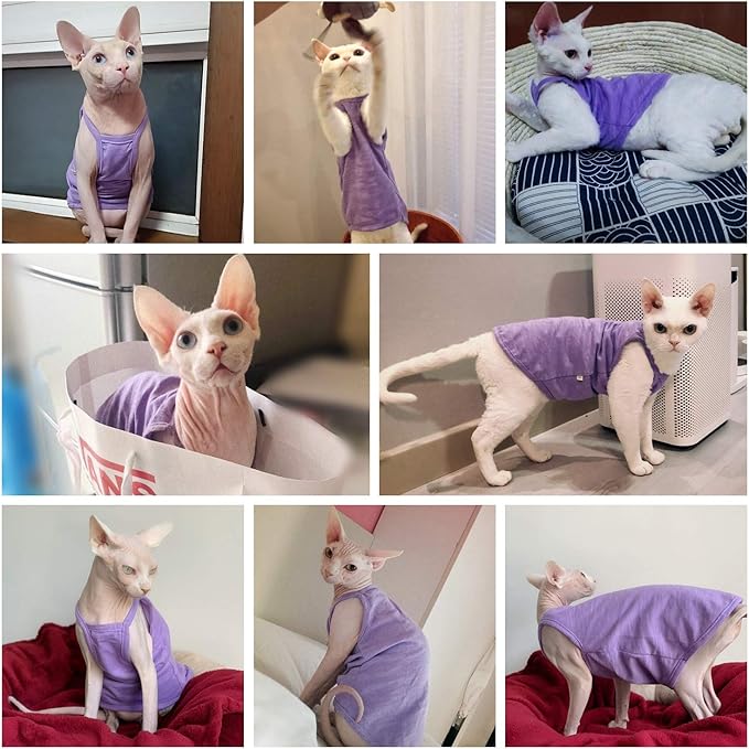 Hairless Cats Solid Cotton Camisole, Breathable Summer Tank Tops for Sphynx, Cornish Rex, Devon Rex, Peterbald, Cat Wear Hairless Cat Clothes Soft Skin-Friendly Cats Apparel Assorted Colors and Sizes