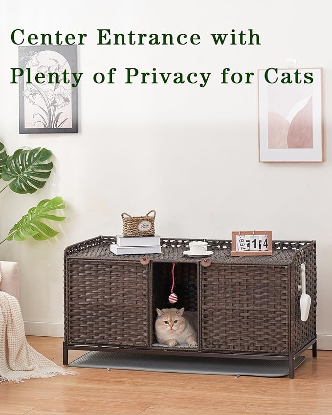 SETVSON Cat Litter Box Enclosure for 2 Cats, Hidden Litter Box Furniture with Mat, Large Rattan Cat House with Double Room and Door, 47.3 L x 19.7 W x 24 H, 2 S-Shaped Hooks for Living Room Brown