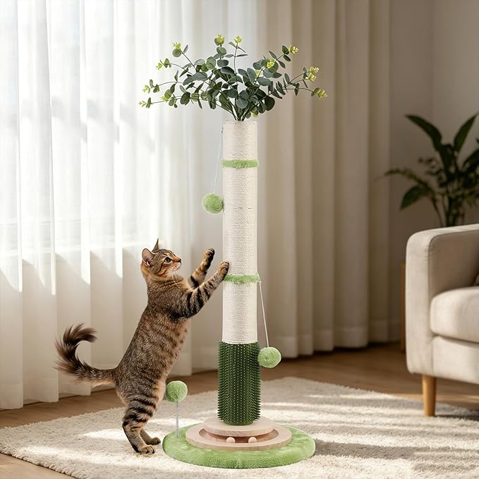 45'' Extra Tall Cat Scratching Post for Large Cats,3.5Inch Natural Sisal Scratcher with Solid Wood Base,Stable Cat Scratch Post with Interactive Toy,Self Groomer,Climbing Pole for Full Body Stretching