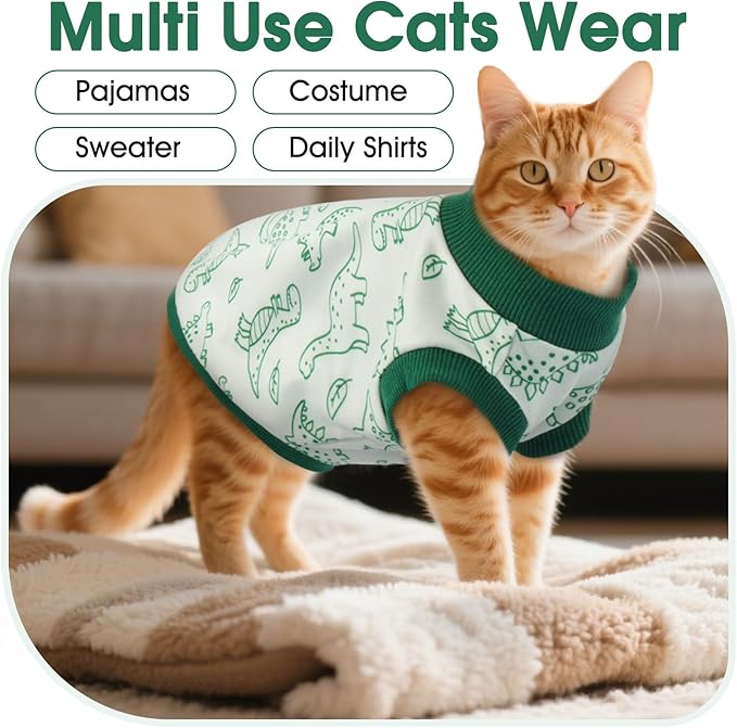 DENTRUN Sleeveless Cat Vest with Dinosaur Print, Breathable Ultra-Soft Dralon Fleece Cat Sweater, All-Season Pet Costume Apparel for Cats, Kitten Clothing for Indoor/Outdoor, Green, L