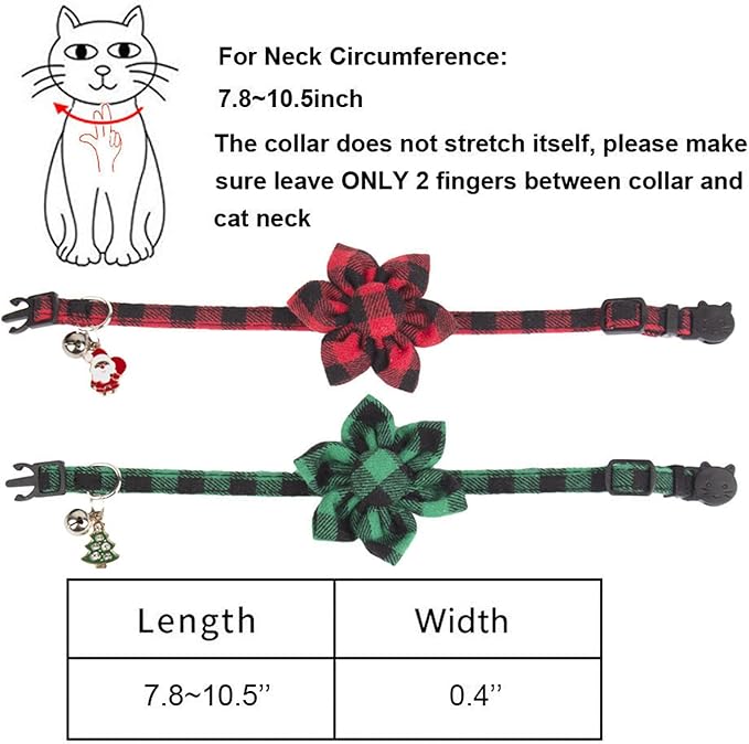ADOGGYGO Christmas Cat Collars with Flower Bell, 2 Pack Breakaway Cat Christmas Collar with Removable Floral, Red Green Plaid Flower Collars for Cats (Red&Green-2)