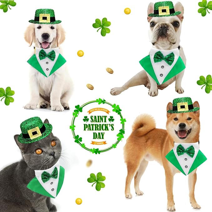 2 PCS St. Patrick's Day Costume Dog Bandana Collar and Pet Top Hat Buckle Green Dog Bow Tie Formal Tux Clothes with D-Ring Irish Tuxedo Saint Patrick Outfits for Dogs Puppy Cat Party Dress (Medium)