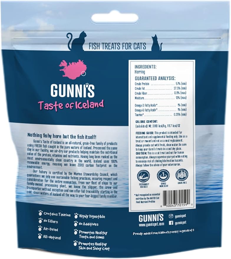 Gunnis Whole Herring Crunchy Cat Treats – 100% Natural Whole Fish, Single Ingredient, High Protein & Omega-3 Rich, Grain-Free Cat Snack, 1.5 oz Bag