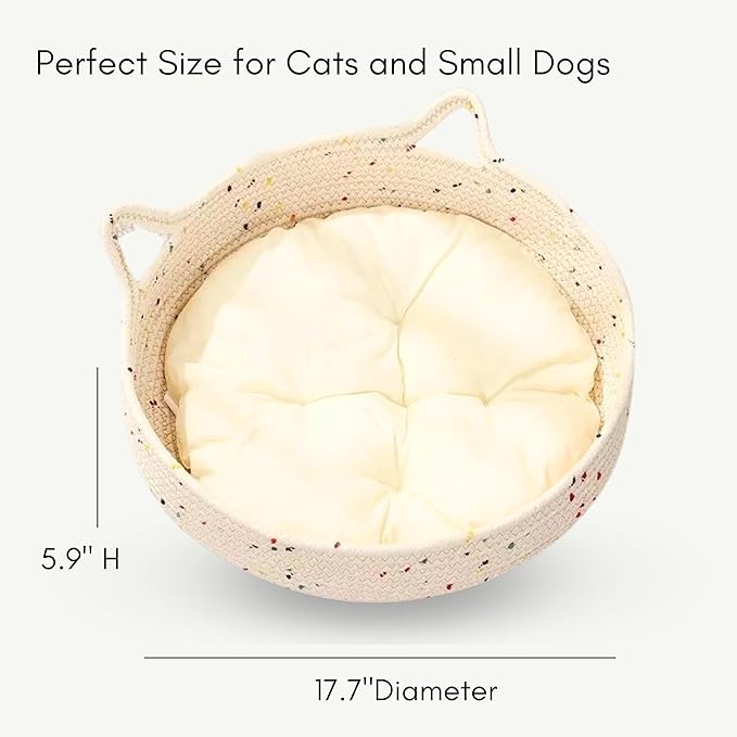 Cat Bed for Indoor Cats, 2-in-1 Cat Scratcher Bed, Round Washable Woven Basket with Soft Cushion, Cozy Kitten Bed, 17.7" x 5.9"