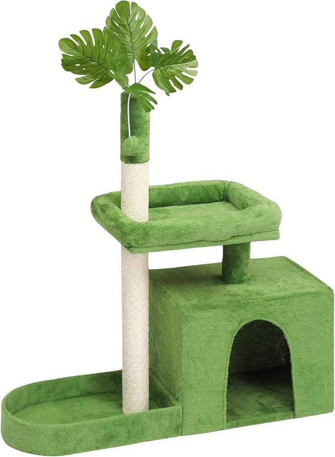 40in Cat Tree with Leaves, Multi-Level Cat Tower with Scratching Post, Cozy Condo & Padded Perch, Dangling Ball Toy for Kittens and Indoor Cats, Compact Cat Furniture for Small Spaces, Green