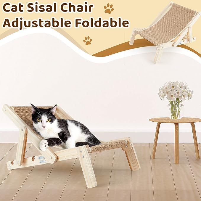 Juexica Sisal Cat Scratcher Bed for Indoor Cats, Small Natural Wood Cat Lounge Hammock, Modern Foldable Scratching Chair, Space-Saving Furniture for Kittens & Small Cats