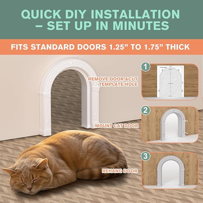 Cat Door for Interior Doors Large - No-Flap, No Training Needed, Fits Cats Up to 25 lbs, Easy Installation in Minutes, Fits 1.25" to 1.75" Thick Solid & Hollow Doors