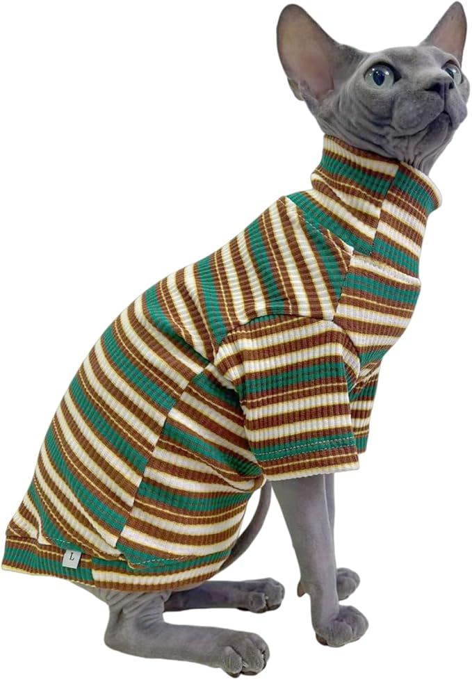 Turtle Neck Vintage Stripes Sphynx Hairless Cat Cotton T-Shirts Pet Clothes Vest Kitten Shirts Sleeveless, Cats & Small Dogs Apparel (Marsh, XL (9-12.5 lbs))