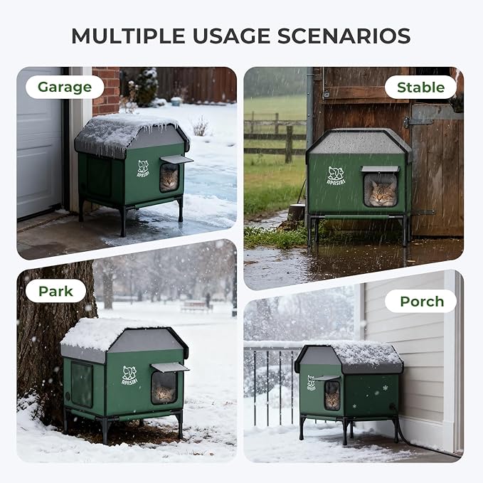 Heated Outdoor Cat House for Winter: Insulated with Heating Pad, Indestructible Weatherproof Winter Shelter, Elevated Support to Keep Interior Dry for Stray Cats, Medium