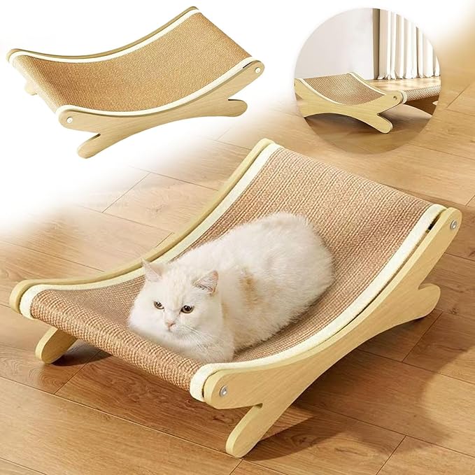 Sisal Cat Scratcher Bed,Wooden Kitten Furniture Hammock,Cozy Lounger for Indoor Cats of Medium Size,Durable Detachable Kitten Scratching Pad for Furniture Protection