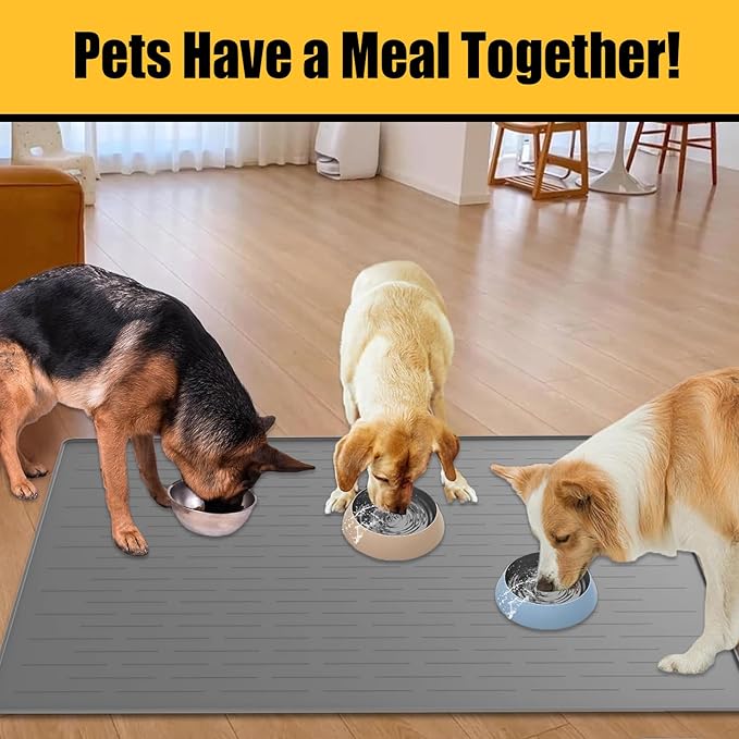 1.5MM Super Thick Dog Food Mat, 40"x30" Silicone Dog and Cat Mats for Food and Water Bowls, Waterproof Pet Feeding Mat for Contain Spills Protects Floors, Multiple Colors & Sizes for Pets, Light Gray
