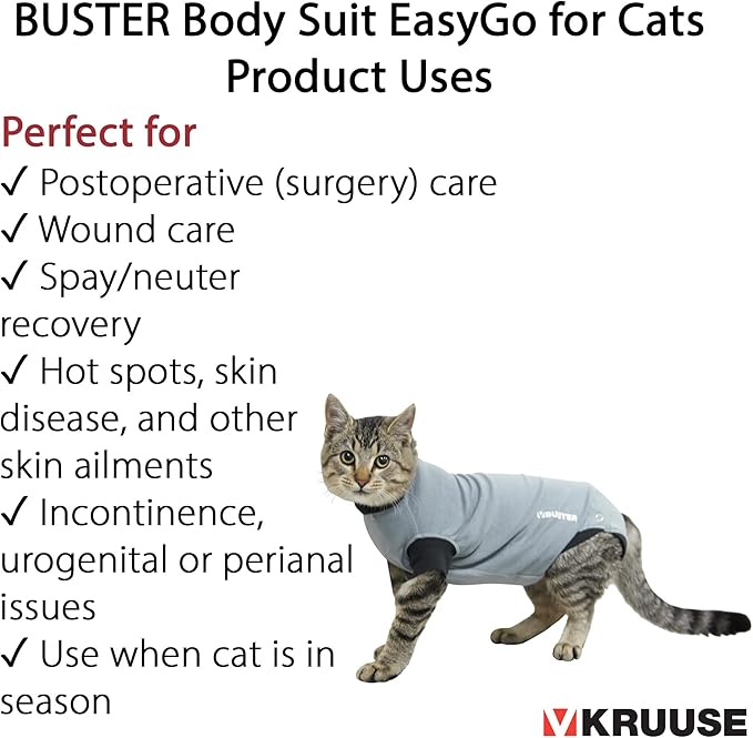 Kruuse Buster EasyGo Recovery Suit for Cats โ Black/Grey (Small, 13.5") โ Soft, Breathable Post-Surgery Bodysuit for Wound Care, Hot Spots & Incontinence โ Comfortable Protection for Cats
