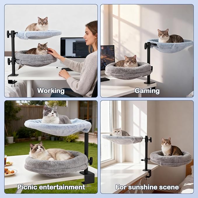 Odoland 2 in 1 Cat Desk Bed - Cat Hammock for Home Workers - 360 Rotating Adjustable Heigh Desktop Perch Clamp with Replace Mattress - Max Weight 80LBS for Kitten Adult Cats Small Pet