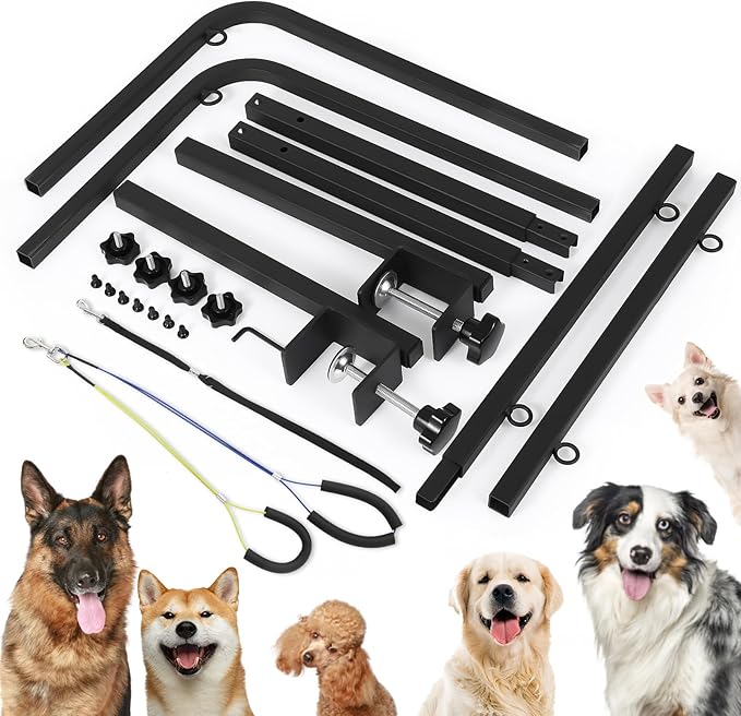 Dog Grooming Arm, Adjustable Pet Grooming Arm with Clamp for Small and Medium Dogs,Grooming Loop and No Sit Haunch Holder (Black, 42.5" H U-Shape Arm + Heavy Duty Clamp)