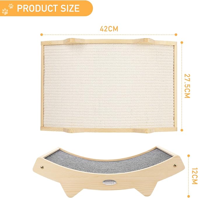 Double-Sided Sisal Cat Scratcher, Cat Scratchers for Indoor Cats with Natural Sisal + Carpet Cloth, Durable Solid Wooden Structure Scratch Pad, 16.5 x 10.8in