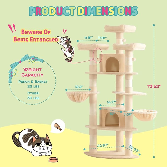 SHA CERLIN 73in Fan-Shaped Corner Cat Tower for Save Space/Multi-Level Tall Cat Tree for Indoor Kitties/Condo with Baskets/Cozy Perches/Sisal Scratching Posts/Pet Activity House/Beige