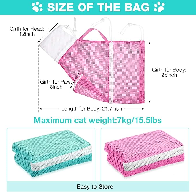 Shappy 2 Pcs Cat Bathing Bag Adjustable Cat Grooming Net Bag Breathable Anti Bite Anti Scratch Restraint Net for Pet Wash, Nail Trimming, Pet Examination, Ears Clean(Pink, Green)