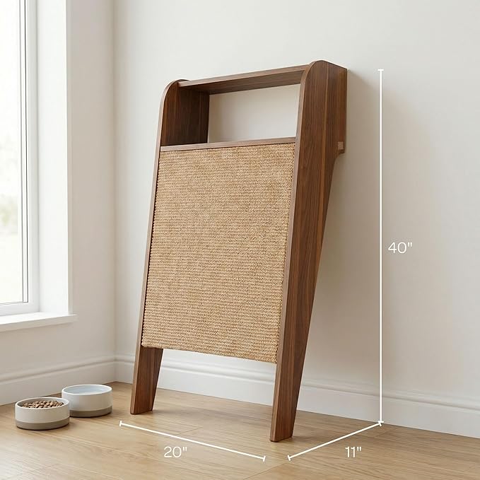 4 Cats & Dogs Wesley Cat Scratcher β Stylish & Durable Sisal Scratching Post Shelf, Vertical Scratch Board Furniture Protector, Indoor Wooden Cat Scratcher for Entryway DΓ©cor 20β x 11β x 40β- Walnut