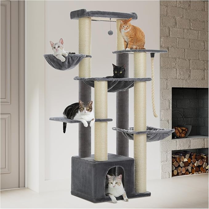 67" Heavy Duty Cat Tree for Indoor Cats Large Adult, XXL Cat Tower with 8 Thick Scratching Posts (φ4.3), Large Perch, Spacious Condo & Big Hammock - for Maine Coon up to 20 lbs, Grey
