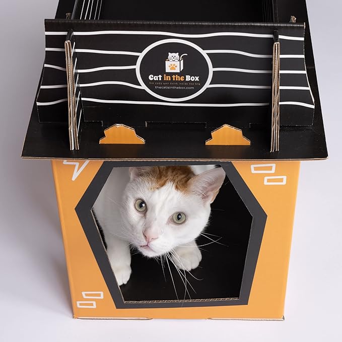 Spooky Cat Haunted House – Halloween Mansion Playhouse for Cats, Kittens, Rabbits & Bunny. Cardboard Box House Condo Cave Furniture Bed Includes Cat Scratcher