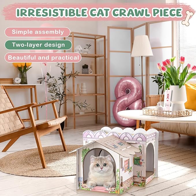 Lineshading 2 Story Cardboard Cat House with Scratcher Pad, Multi Level Durable Cat Scratcher House for Small Kitten Bunny Rabbit Animals Christmas Birthday Gift(17x12x10,Cottage)