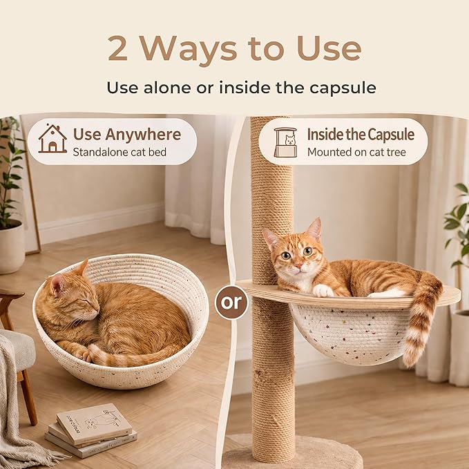 Cotton Rope Cat Bed Mat for Space Capsule, 11.8" Breathable Round Nest Liner, All-Season Warm & Cooling Pet Pad, Washable Scratch-Resistant Bedding for Cat Tree & Clear Bowl