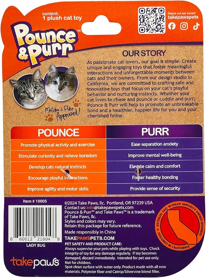 Pounce & Purr® Plush Cat Toys, Catnip & Silvervine Infused, Shiny Iridescent Accents, Interactive Play Toys for Cats & Kittens (Ladybug)