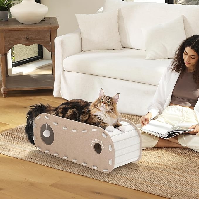 FUKUMARU Cat Beds for Indoor Pets 31.5 Inch, Extra Long Cozy Cat Bed Cave Tunnel for Multiple & Large Cats, Felt Kitten Hideaway House with Fluffy Ball, Scratch Resistant, Warm & Safe, Beige