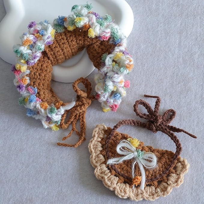 Cute Flower Cat Hat Crochet Collar, Birthday Party Kitten Costume for Puppy, Pet and Small Animals(Brown, Small)
