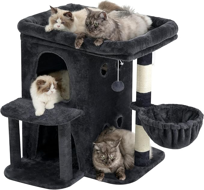 Heybly Cat Tree, 26.3-inch Cat Tower with Spacious Top Perch for Large Cats, Stair-Style Cat House Furniture with Dual-Layer Condos, Sisal Scratching Posts, Cozy Basket & Pompom, Smoky Gray HCT204SG