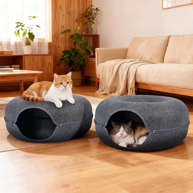 Peekaboo Cat Cave Bed for Indoor Cats, Scratch-Resistant Cat Donut Tunnel for Multiple & Large Cats, Detachable Round Cat Hideaway for Playing, Sleeping and Hiding