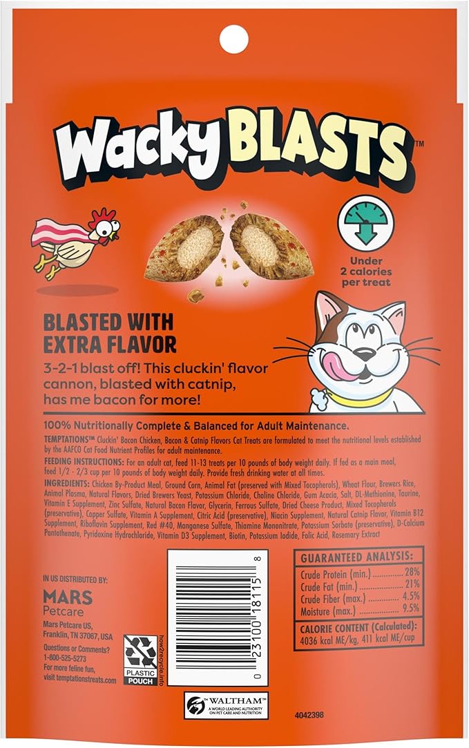 Temptations Cat Treats Wacky Blasts, Cluckin’ Bacon Flavor, 3 oz. Pouch (Pack of 12)