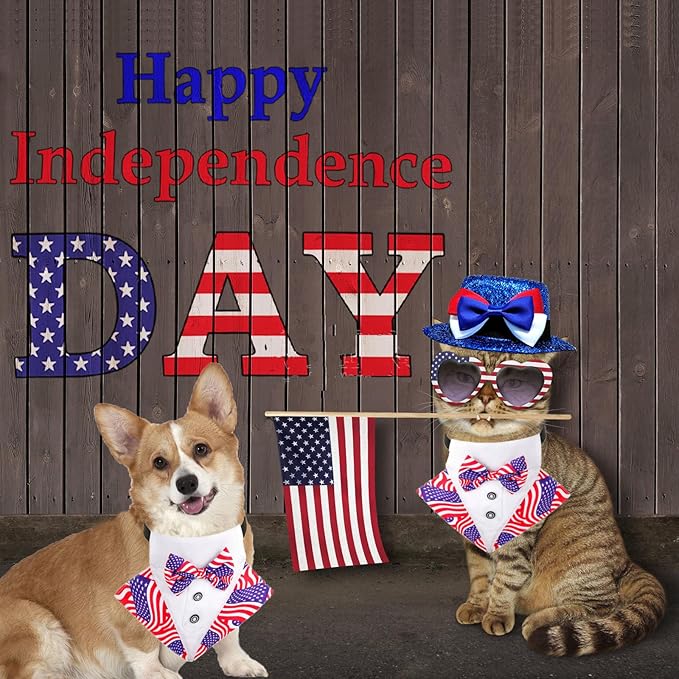 Dog Independence Day Costume 2Pcs Tux Bandana Shiny Pet Top Hat American Flag Dog Tuxedo Triangle Bibs 4th July Scarf Patriotic Holidays Outfit Dog Collar with Bow tie for Small Medium Large (Medium)