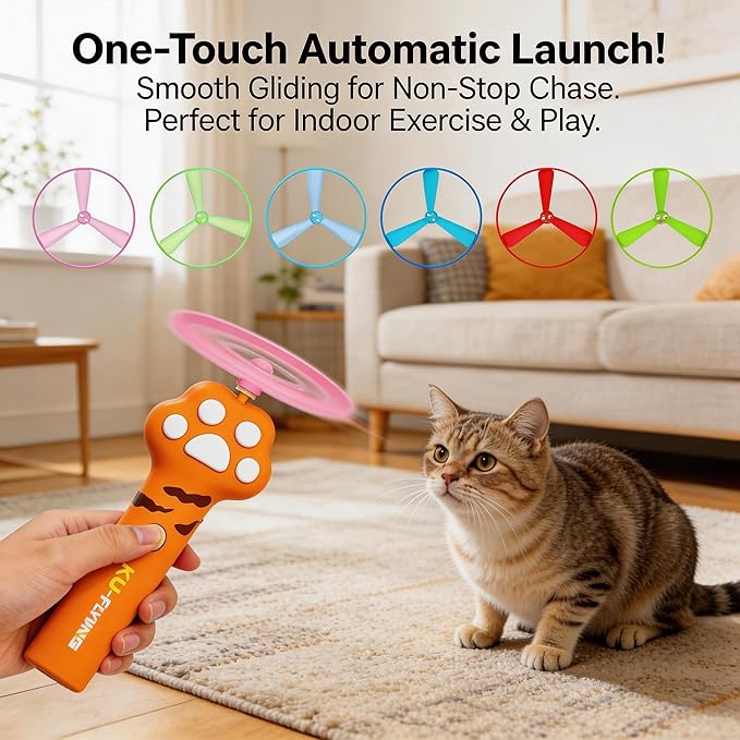 Cat Fetch Toy Launcher,Flying Disc Launcher Toy Rechargeable with 10 Flying Discs,Flying Cat Toy Disc Launcher for Kitten Dog Playing Interactive Hunting Tracking Toys for Outdoor Indoor,Orange