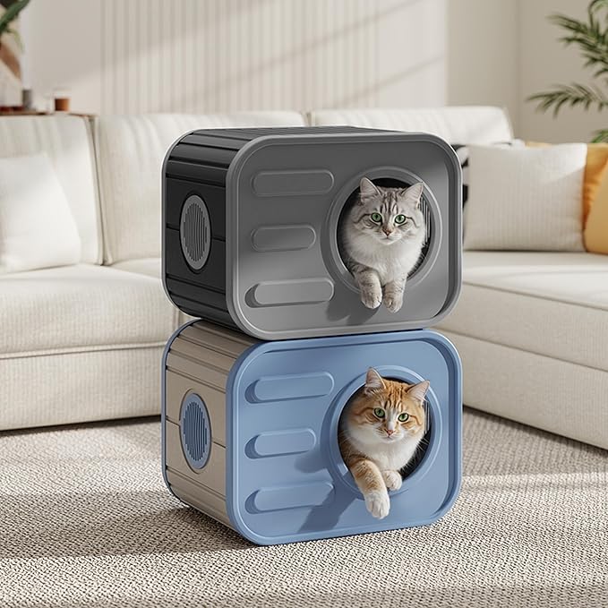 Double Outdoor Cat House Stack Design, Cat Houses for Outdoor Cats Camera Appearance Ventilated Spacious Stackable with Large Door for Several Feral Cats Outside Cat Shelter for Large Pet (Blue)